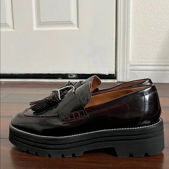 Lorenzo Mari Chunky Platform Tassel Leather Loafers size 40 Burgundy Preppy NWOB - Picture 3 of 10